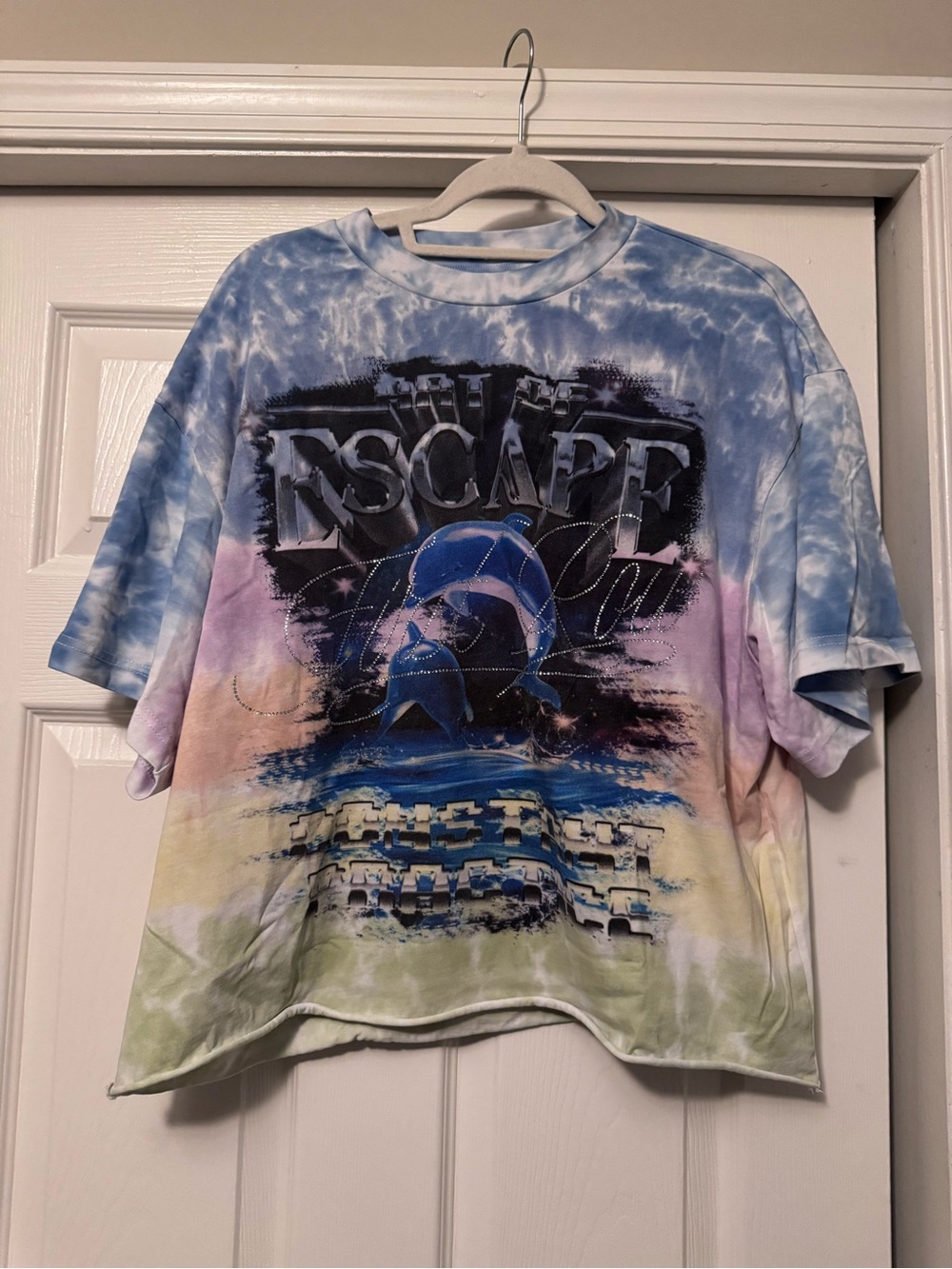 Womens Tie-Dye Graphic Tee with Dolphin Print - Blue/Purple/Yellow